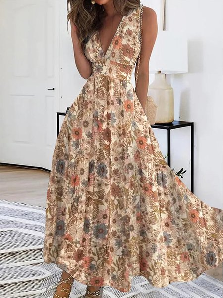 

Floral V Neck Regular Fit Dress, Khaki, Dresses