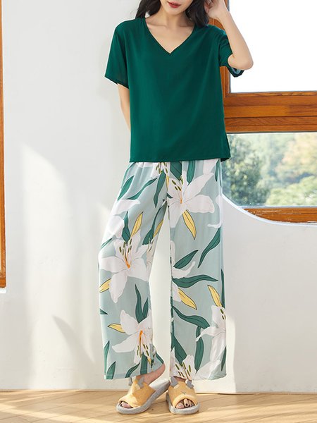 

Breathable Comfortable Floral Casual Loose Pajama Set, Green, Loungewear & Sleepwear