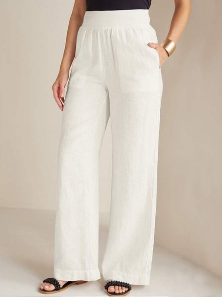 

Linen Loose Plain Pants, White, Pants