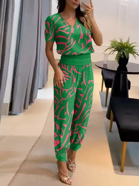 

V neck Geometric Urban Regular Fit Two-Piece Set, Two-piece Set