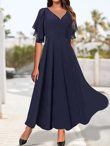 

V Neck Regular Fit Ruffled Sleeves Elegant Plain Dress, Dark blue, Dresses