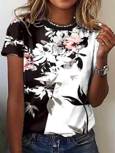 

Crew Neck Loose Casual Floral T-Shirt, Black-white, T-Shirts