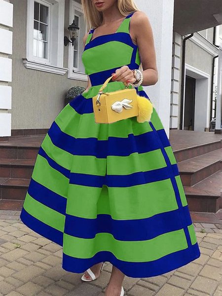 

Square Neck Regular Fit Striped Elegant Dress, Green, Maxi Dresses