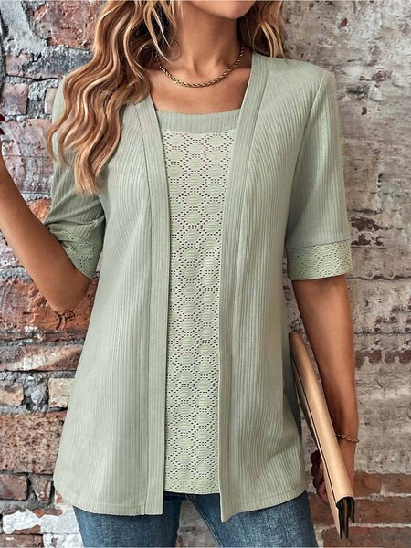 

Simple Plain Square Neck Loose Lace Shirt, Green, Shirts & Blouses