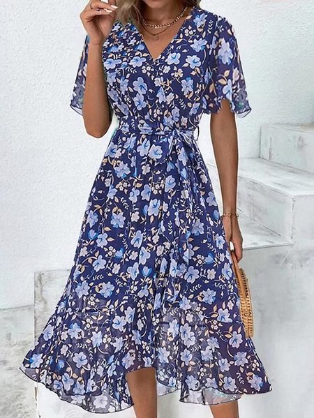

Floral Elegant Chiffon Dress With Belt, Blue, Dresses