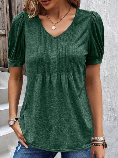 

Loose Casual V Neck Plain T-Shirt, Dark green, T-Shirts