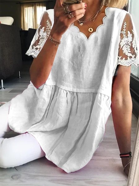 

women's elegant lace sleeves V Neck Plain Elegant Shirt, White, Tunics