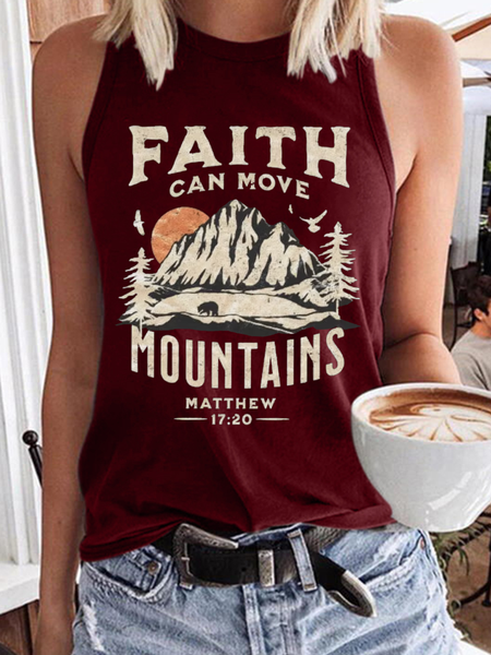 

Women’s Faith Can Move Mountains Cotton-Blend Crew Neck Casual Text Letters Tank Top, Red, Tank Tops