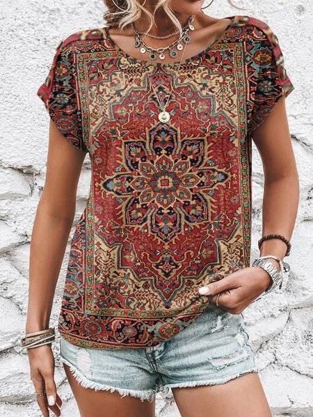 

Loose Crew Neck Ethnic Shirt, Red, Shirts & Blouses