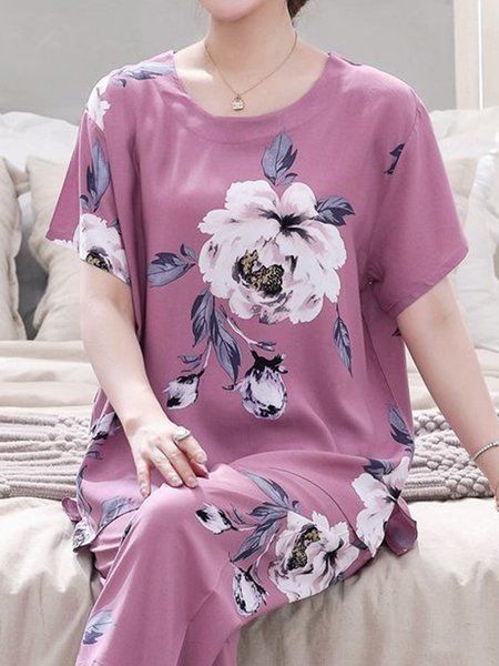 

Breathable Cozy Floral Print Cotton Linen Pajama Set, Purple, Loungewear & Sleepwear