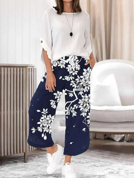

Loose Linen Floral Two-Piece Set, White, Suit Set