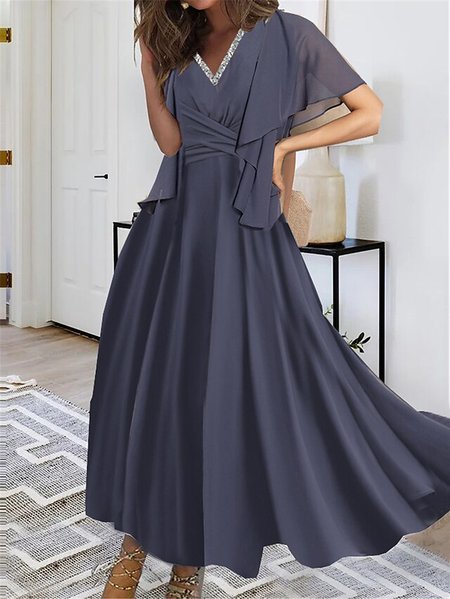 

Chiffon V Neck Plain Elegant Two-Piece Set, Navy blue, Formal Dresses