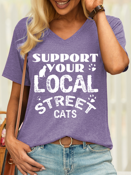 

Women’s Support Your Local Street Cats Funny Cotton Casual T-Shirt, Purple, T-shirts