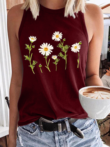 

Women's Cute Wildflower Casual Daisy Crew Neck Tank Top, Red, Tank Tops