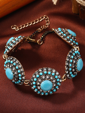 

Boho Turquoise and Diamond Bracelet Vintage Ethnic Holiday Women's Jewelry, Blue, Bracelets