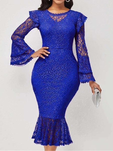 

Floral Lace Crew Neck Elegant Wedding Guest Dress, Blue, Midi Dresses