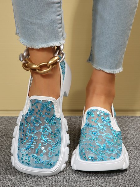 

Breathable Mesh Floral Embroidery Sequins Chunky Heel Shoes, Blue, Flats