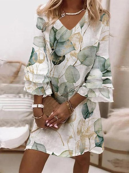 

V Neck Ruffled Sleeves Casual Leaf Loose Dress, Green, Dresses