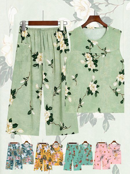 

Breathable Elegant Floral Casual Loose Pajama Set, Light_green, Loungewear & Sleepwear