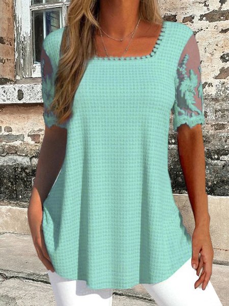 

Loose Casual Square Neck Lace Shirt, Light_green, Shirts & Blouses