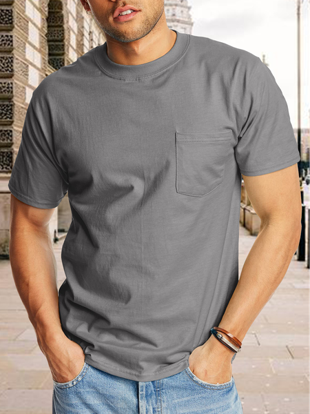 

Men's Short Sleeve Pocket Tee Casual Cotton Plain Crew Neck T-Shirt, Deep gray, T-shirts