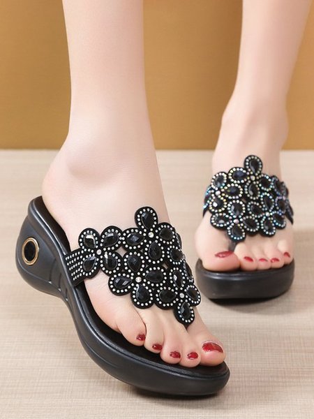 

Gorgeous Flower Rhinestone Soft Wedge Sandals, Black, Sandals