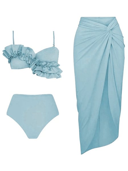 

Vacation Plain Flouncing Notched Bikini With Cover Up, Blue, swimwear>>3 Piece Bikini Sets