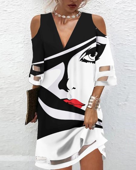Loose Casual V Neck Abstract Dress, Black, Casual Dresses