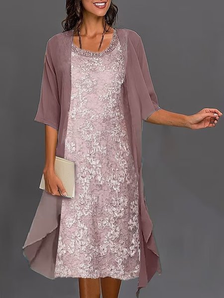 

Plain Elegant Loose Crew Neck Two-Piece Set, Dark pink, Lace Dresses