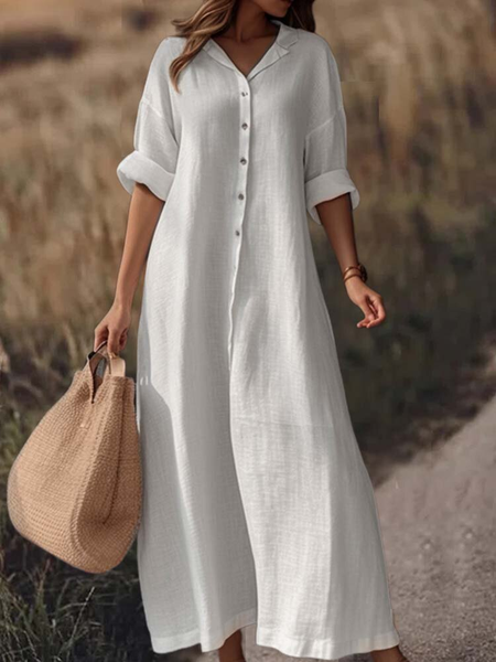

Shirt Collar Loose Casual Dress, White, Dresses