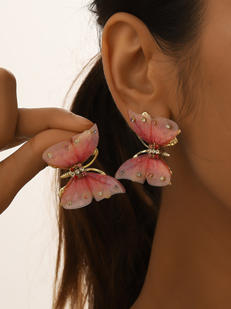 

Urban Casual Lace Diamond Butterfly Earrings Daily Party Women Jewelry, Pink, Earrings