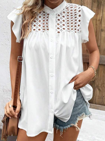

Plain Casual Stand Collar Blouse, White, Shirts & Blouses