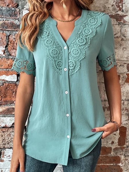 

Casual Loose V Neck Lace Edge Blouse, Lightgreen, Shirts & Blouses