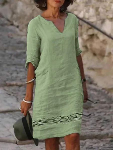 

JFN Cotton Plain Notched Loose Dress, Green, Basic Dresses