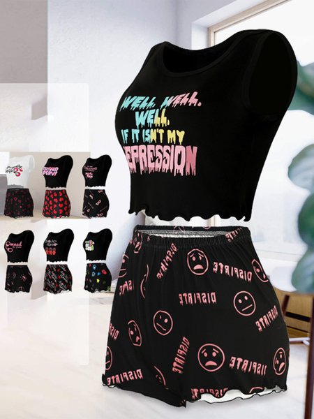 

Breathable Comfortable Fashionable Printed Casual Pajama Set, Black, Loungewear & Sleepwear