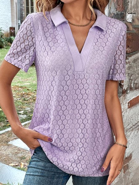 

Shirt Collar Plain Casual Lace Shirt, Purple, Shirts & Blouses