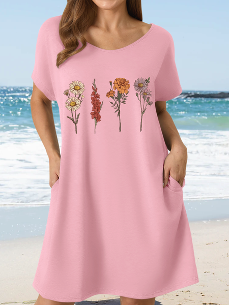 

Women's Short Sleeve Summer Floral Dress V Neck Daily Going Out Casual Midi O-Line Dress, Pink, Dresses