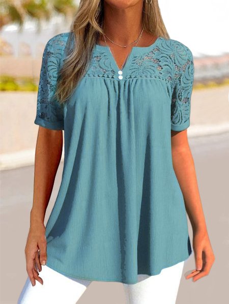 

Lace V Neck Loose Casual Shirt, Light blue, Shirts & Blouses