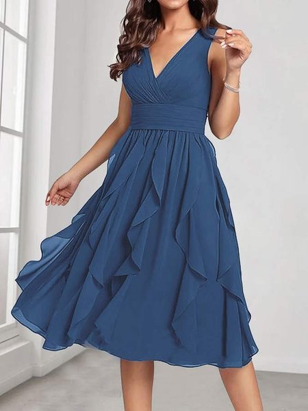 

Women‘s Party Dress Cocktail Dress Swing Dress Midi Dress Dark Blue Sleeveless Pure Color Ruched Summer Spring V Neck Party Wedding Guest Vacation Summer Dress, Navyblue, Formal Dresses