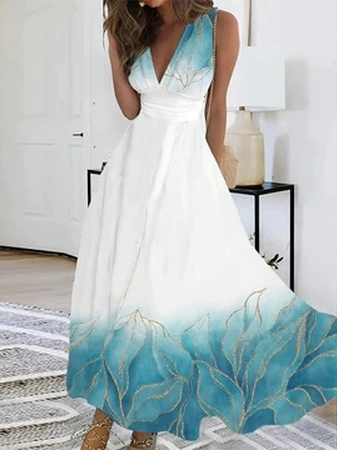 

Loose V Neck Casual Floral Dress With No Belt, White, Dresses