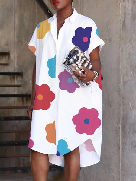 

Floral Short Sleeve Vacation Loose Shirt Dress, White, Mini Dresses