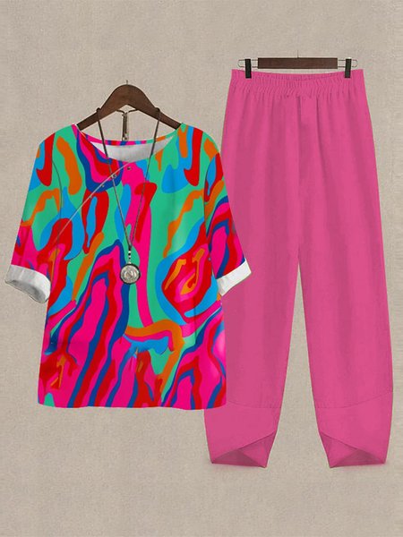 

Abstract Graphic V Neck Loose Casual Two-Piece Set, Deep pink, Suit Set