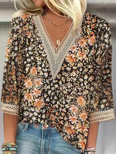 

Floral Casual Webbing Loose V Neck Shirt, Black, Shirts & Blouses