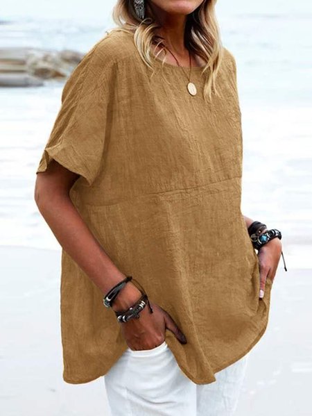 

Women Casual Khaki loose Short Sleeve Summer Linen Tunic Top, Light camel, Tunics