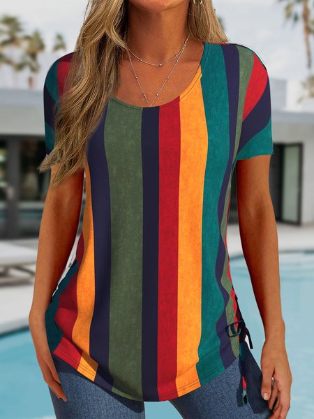 

Casual Loose Multicolor Block T-Shirt, Orange, T-Shirts