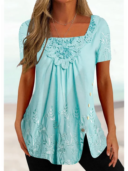 

Casual Square Neck Lace Plain Shirt, Lightgreen, Shirts & Blouses