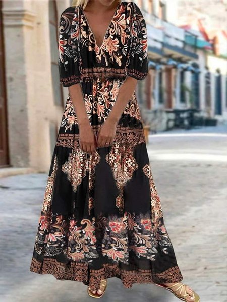 

Boho V Neck Ethnic Loose Dress, Black, Dresses