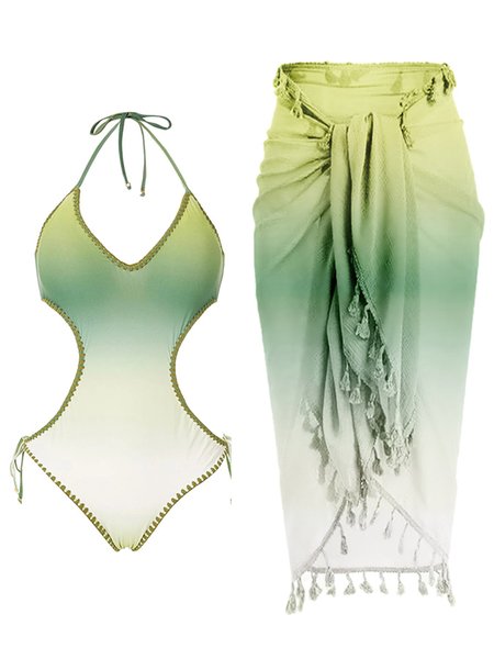 

Casual Ombre Printing V Neck One Piece With Cover Up, Green, Swimsuit with Coverups