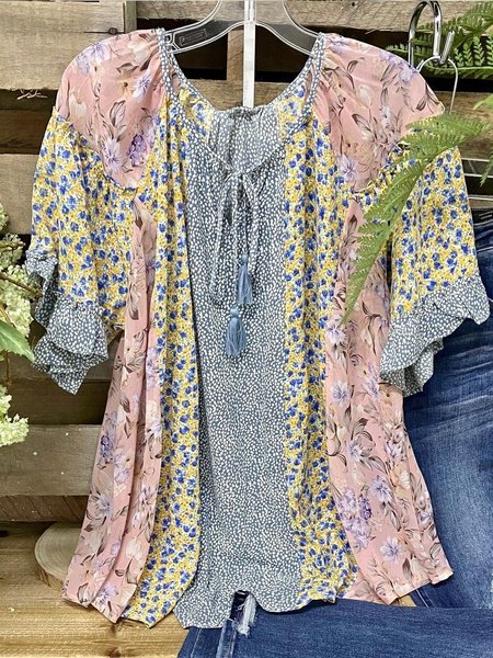 

Printing Casual Floral V Neck Shirt, Multicolor, Blouses