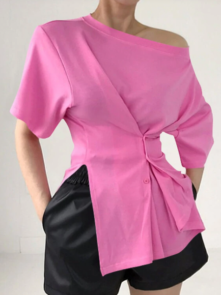 

Loose Micro-Elasticity Short sleeve Urban Plain Asymmetrical Shirt, Pink, Blouses and Shirts